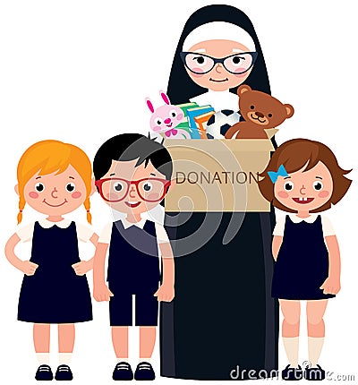 Christian nun and children holding a box of donations with toys and books Vector Illustration