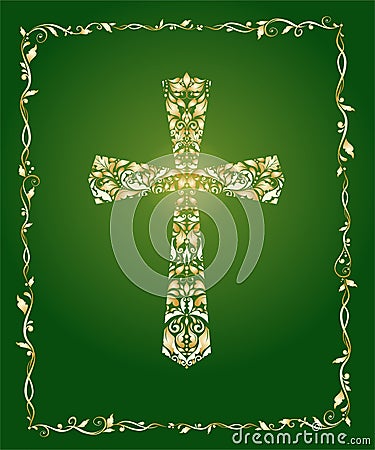 Christian ornate cross with floral gold pattern and vintage frame on green background Vector Illustration