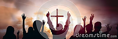 Christian people group raise hands up worship God Jesus Christ together on cross over cloudy sky background. Generative AI Stock Photo