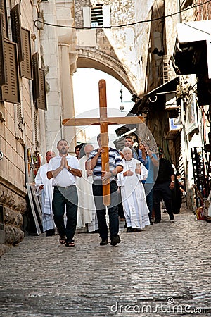 Christian procession on Jerusalem's Via Dolorosa Editorial Stock Photo