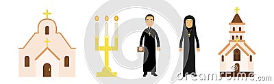 Christian Religion Attributes with Candle, Church and Man and Woman Priest Vector Set Vector Illustration