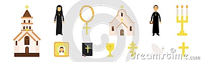 Christian Religion Attributes with Candle, Church and Man and Woman Priest Vector Set Vector Illustration