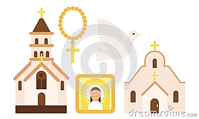 Christian Religion Attributes with Church and Beads for Counting Prayers Vector Set Vector Illustration