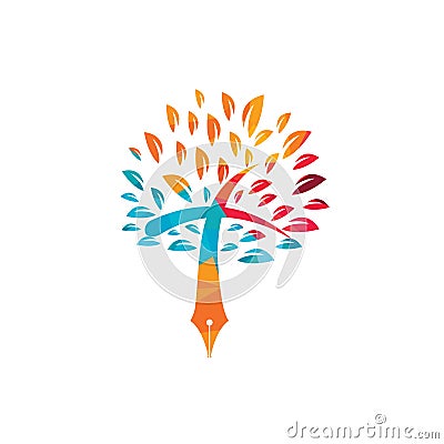 Tree pen and cross vector logo design template. Bible learning and teaching class. Vector Illustration