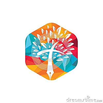 Tree pen and cross vector logo design template. Bible learning and teaching class. Vector Illustration