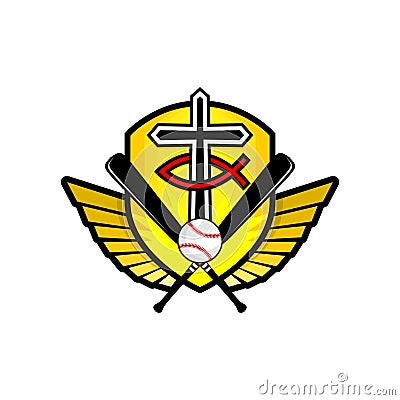 Christian sports logo. The golden shield, the cross of Jesus, the sign of the fish, the wings, and the baseball with the bat Vector Illustration