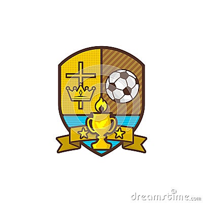 Christian sports logo. Shield and goblet, cross of Jesus, crown of king. Soccer ball. Emblem for competition, club, camp Vector Illustration