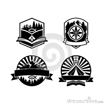 Christian summer camp badges logos and labels for any use, on wooden background texture. Vector Illustration