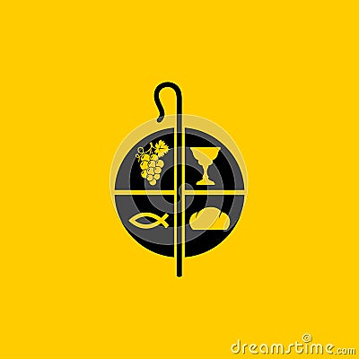 Christian symbols. Communion bowl with wine, bread and shepherd`s staff. Vector Illustration