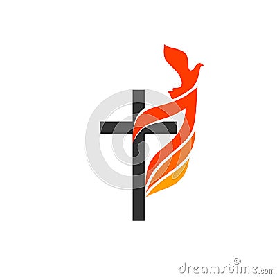 Christian symbols. The logo of the church. The cross of Jesus, the flame of fire as a symbol of the Holy Spirit Vector Illustration