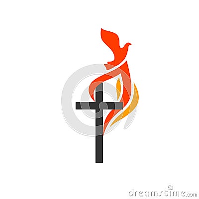 Christian symbols. The logo of the church. The cross of Jesus, the flame of fire as a symbol of the Holy Spirit Vector Illustration