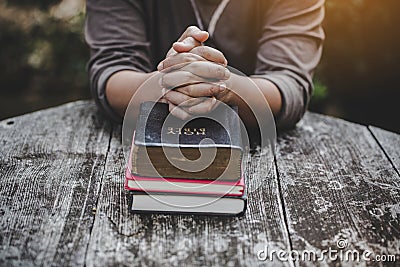 Christian worship God in Church hall and light bokeh effected Stock Photo