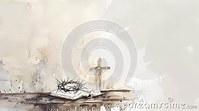 Watercolor Crown of Thorns and Bible Stock Photo