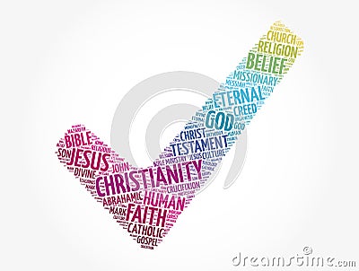 Christianity check mark word cloud, religion concept background Stock Photo