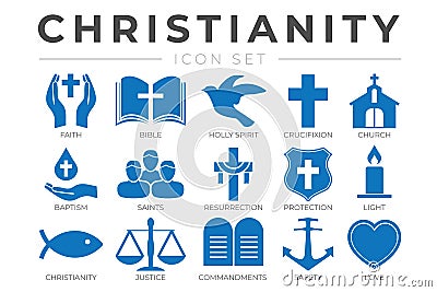 Christianity Icon Set with Faith, Bible, Crucifixion , Baptism, Church, Resurrection, Holy Spirit, Saints, Commandments,Light, Stock Photo