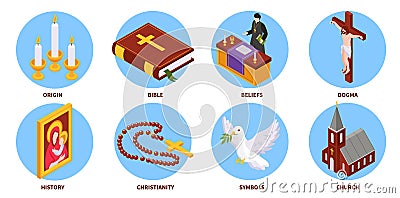 Christianity Isometric Round Compositions Vector Illustration