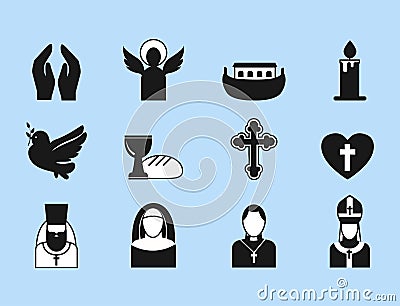 Christianity religion flat icons vector illustration of traditional holy religious black silhouette praying people Vector Illustration