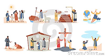 Christians stories. Holy bible parable and characters cartoon flat style, christian religious scenes with God messiah Vector Illustration