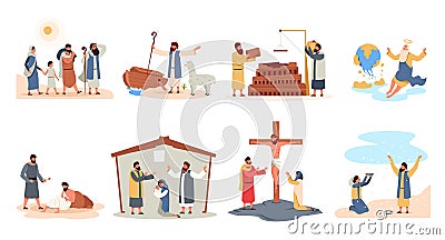 Christians stories. Holy bible parable and characters cartoon flat style, christian religious scenes with God messiah prayer Noah Stock Photo