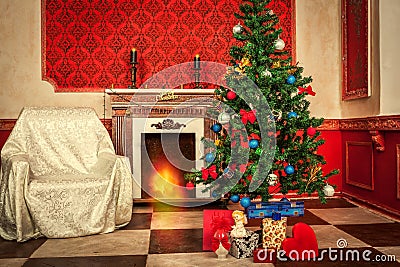 Christimas interior in red vintage room Stock Photo