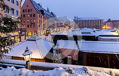 Christkindlesmarkt, Nuremberg, snowy evening Editorial Stock Photo