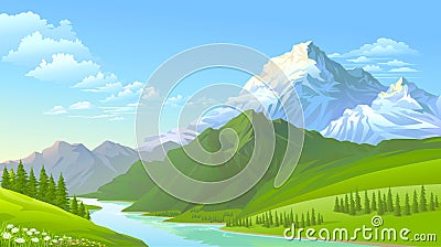 The icy mountains, the green hills and the cold flowing river. Vector Illustration