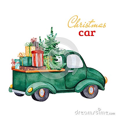 Christmas abstract retro car with Christmas tree,gifts and other decorations. Cartoon Illustration