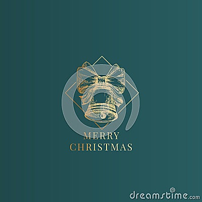 Christmas Abstract Vector Classy Label, Sign or Card Template. Hand Drawn Golden Bell with Band Ribbon Sketch Vector Illustration