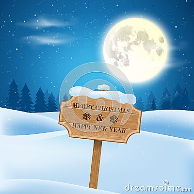 Christmas ad in a snowy field and full moon Cartoon Illustration