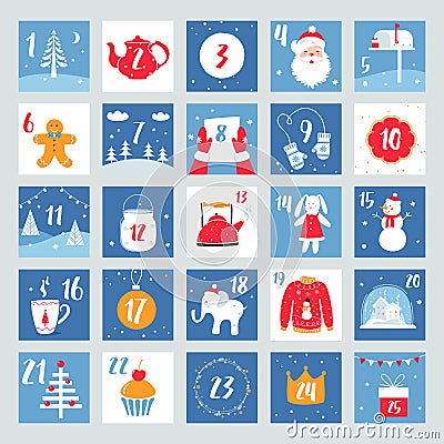 Christmas Advent Calendar. Countdown Poster. Winter Holidays Design Elements Vector Illustration