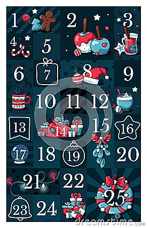 Christmas advent calendar, cute hand drawn doodle style. Twenty five christmas countdown printable tags collection with Vector Illustration