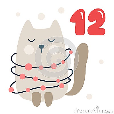 Christmas advent calendar with hand drawn cat. Day twelve 12. Scandinavian style poster. Cute winter illustration for Cartoon Illustration