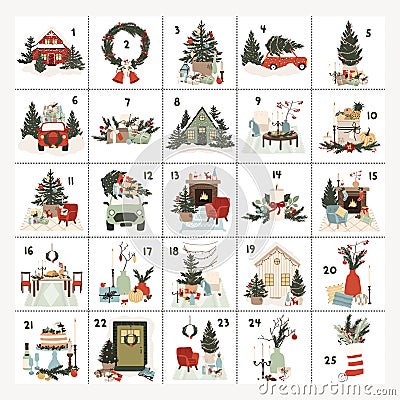 Christmas Advent calendar with hand drawn elements houses, cars, food, Christmas tree Vector Illustration