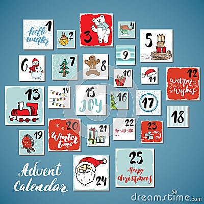 Christmas advent calendar. Hand drawn elements and numbers. Vector Illustration