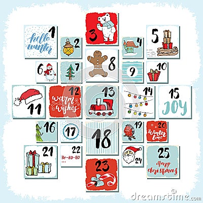 Christmas advent calendar. Hand drawn elements and numbers. Winter holidays calendar cards set design, Vector illustration Vector Illustration