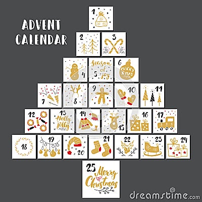Christmas advent calendar. Hand drawn elements and numbers. Winter holidays calendar cards set design, Vector illustration Vector Illustration