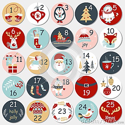 Christmas Advent calendar with hand drawn elements. Xmas Poster. Vector Illustration