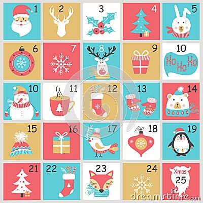 Christmas Advent calendar with hand drawn elements. Xmas Poster. Vector Illustration