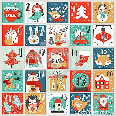 Christmas Advent calendar with hand drawn elements. Xmas Poster. Vector Vector Illustration