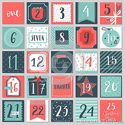 Christmas advent calendar, hand drawn style. Vector Illustration