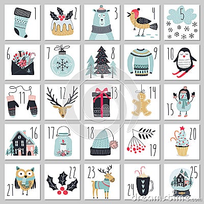 Christmas advent calendar, hand drawn style. Vector Illustration