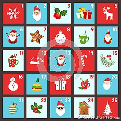 Christmas advent calendar vector with cartoon decortion, winter holiday poster. Festive december Cartoon Illustration