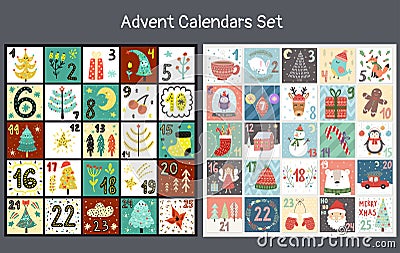 Christmas advent Calendars Set. Collection of count down days to holidays Vector Illustration