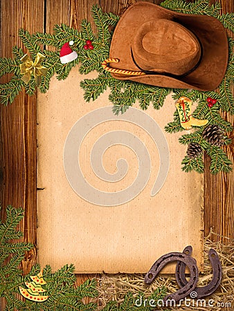 Christmas American western background with cowboy hat and old pa Stock Photo