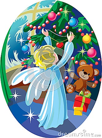 Christmas angel decorating the tree Vector Illustration