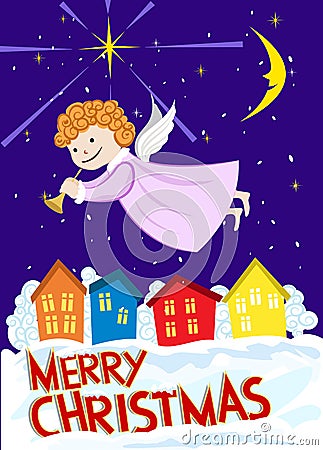 Christmas angel flying over the city. Vector Vector Illustration