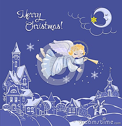 Christmas angel pours / scatters snow over city. New year card or poster. Family holiday and waiting for gift. Spirit of Christmas Vector Illustration