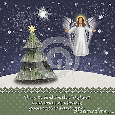 Christmas angel in a snowy landscape with christmas tree and the star of Betlehem Luke 2 14 Stock Photo