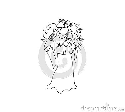 Christmas angel with wreath and wings, holy spirit, guardian one line art. Continuous line drawing of christmas Vector Illustration