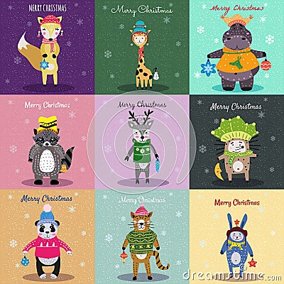 Christmas Animals Card Set cute hippo, fox, cat, panda, hedgehog, raccoon, deer, rabbit, giraffe. Hand drawn collection Vector Illustration